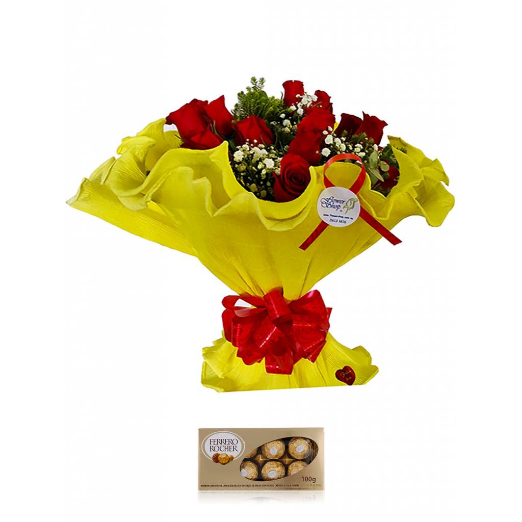 Bouquet de 12 Rosas Rojas en Papel Crepn + Bombones Ferrero Rocher.